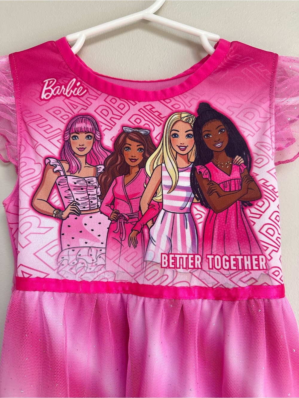 Barbie Pink Sparkly Pajama Nightgown Dress Girls 4T Flutter Sleeve - Picture 2 of 12